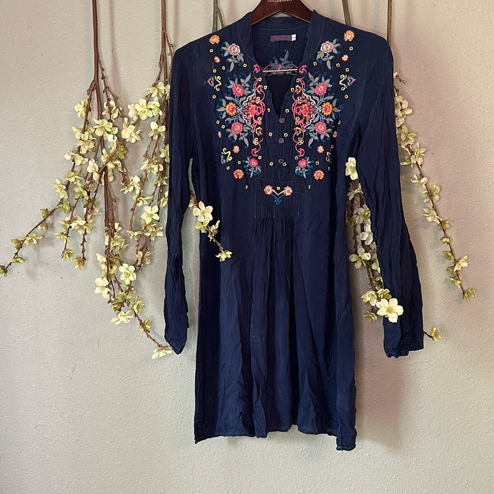 JOHNNY WAS navy embroidered tunic